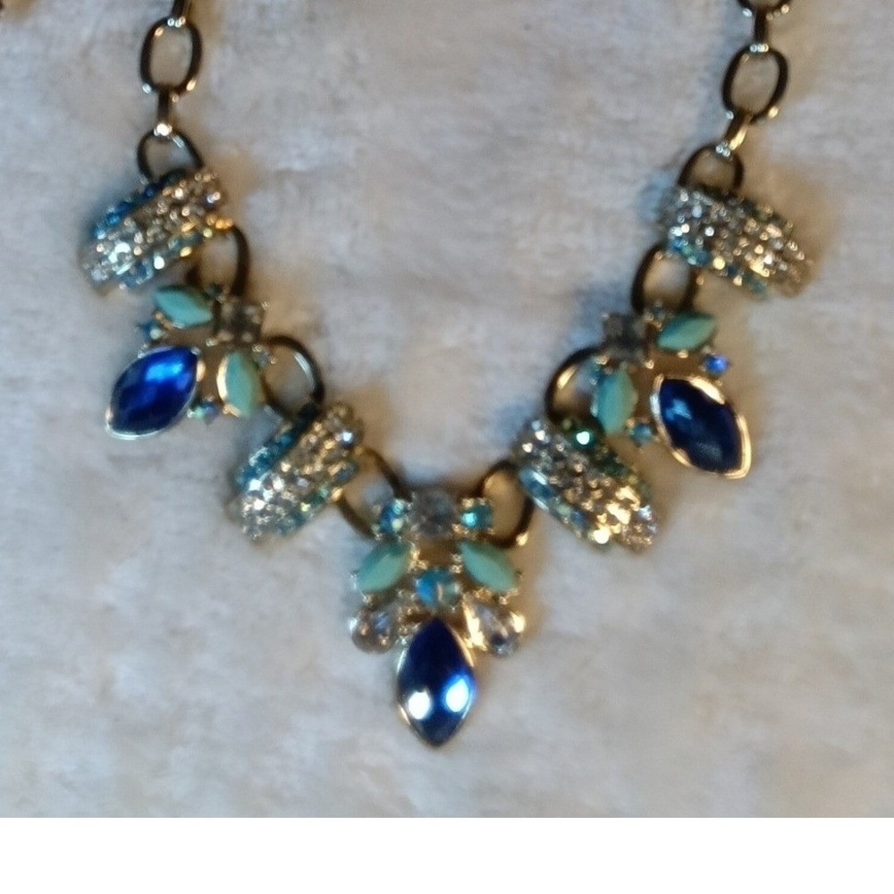 Bella Gold Tone Statement Necklace Blue Rhinestone Crystal Bib Collar Jewelry